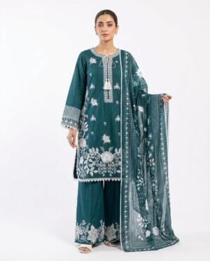 3-Piece Stitched Lawn Suit – with Rounded Hem, Embroidered Palazzo