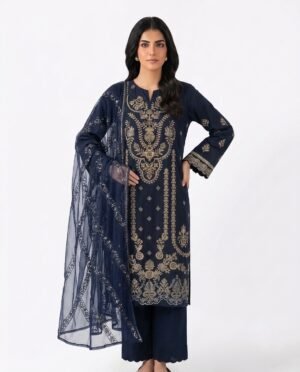 Embroidered Navy Blue 3-Piece Unstitched Suit