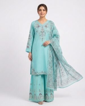 Embroidered Kurti with Wide-Leg Palazzo & Dupatta
